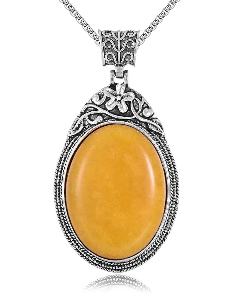 Oval Gemstone Necklace for Women Stainless Steel Oval Pendant Semi-precious Stones Jewelry Gift for Wife Mom Yellow Agate $14...