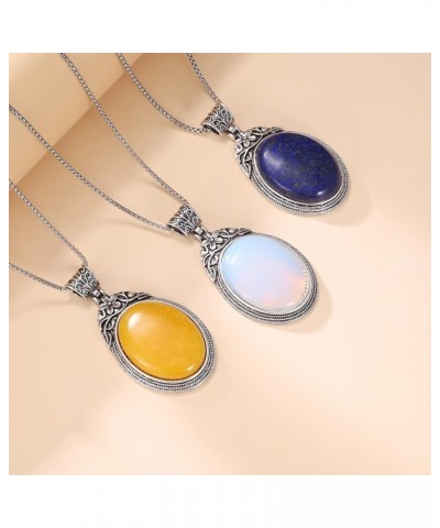 Oval Gemstone Necklace for Women Stainless Steel Oval Pendant Semi-precious Stones Jewelry Gift for Wife Mom Yellow Agate $14...