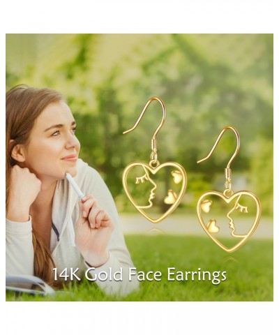 14k Solid Gold Heart Dangle Drop Earrings Lady Face Earrings for Women Geometric Abstract Art Statement Jewelry Gifts for Her...