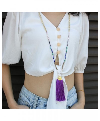 Turquoise Crystal Beads Strand Necklace Color Tassel Necklace for Women Purple 6E $7.71 Necklaces