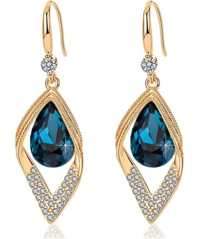 Austrian Crystal Teardrop Hollow Leaf Drop Dangle Earrings for Women 14K Rose Gold Plated Hypoallergenic Jewelry Dark Blue $9...