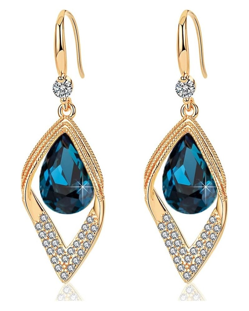 Austrian Crystal Teardrop Hollow Leaf Drop Dangle Earrings for Women 14K Rose Gold Plated Hypoallergenic Jewelry Dark Blue $9...