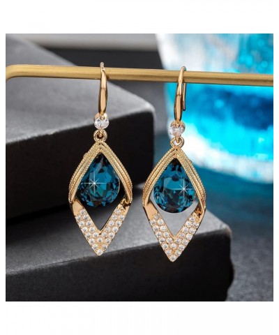 Austrian Crystal Teardrop Hollow Leaf Drop Dangle Earrings for Women 14K Rose Gold Plated Hypoallergenic Jewelry Dark Blue $9...