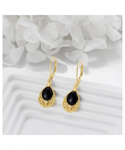 Black Onyx Drop Earrings for Women Sterling Silver 14k Gold Plated Filigree Dangle Leverback Earrings Jewelry Gift for Girls ...