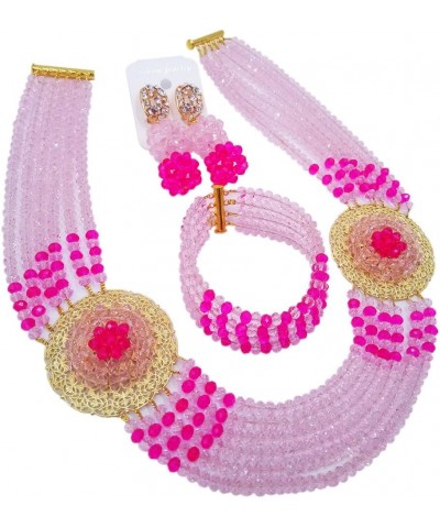 Nigerian Beads Jewelry Set African Necklaces for Women Crystal Bridal Wedding Jewelry Sets Pink Hot Pink $18.89 Jewelry Sets