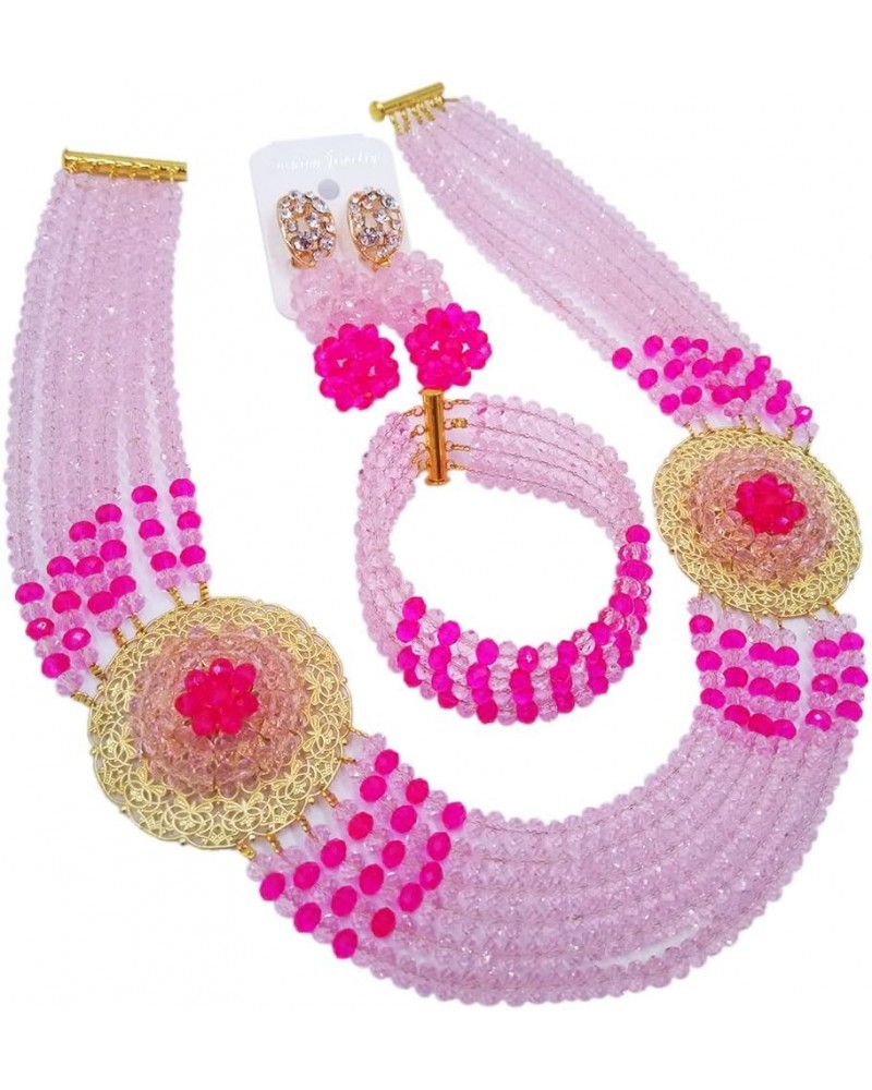 Nigerian Beads Jewelry Set African Necklaces for Women Crystal Bridal Wedding Jewelry Sets Pink Hot Pink $18.89 Jewelry Sets