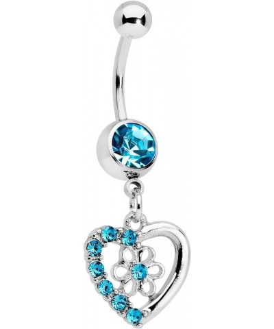 Womens 14G 316L Steel Navel Ring Piercing Color Accent Floral Heart Dangle Belly Button Ring Blue $11.39 Body Jewelry