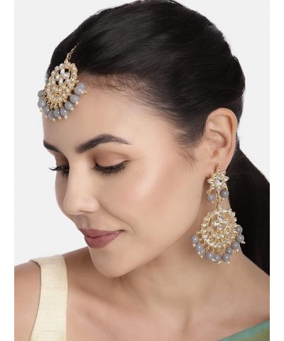 Indian Bollywood Gold Plated Beaded Ethnic Stylish Party Wear Earring Set with Maang Tikka for Women (TE7058) Grey $11.50 Jew...