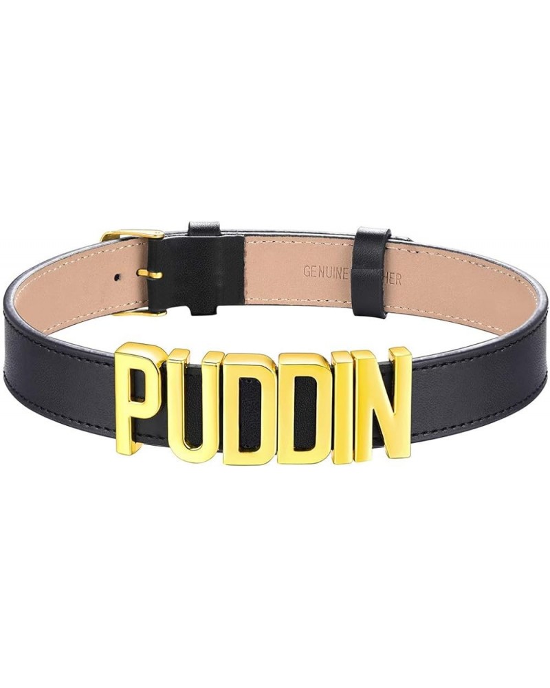 Custom Punk Leather Choker for Women, Personalised Photo Name Collar Necklace for Girlfriend Wife, 5.5mm/19mm Wide Puddin Bla...