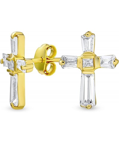 Accent CZ Baguette Small Petite Religious Cross Stud Earrings For Women Men Teens Yellow 14K Gold Plated .925 Sterling Silver...