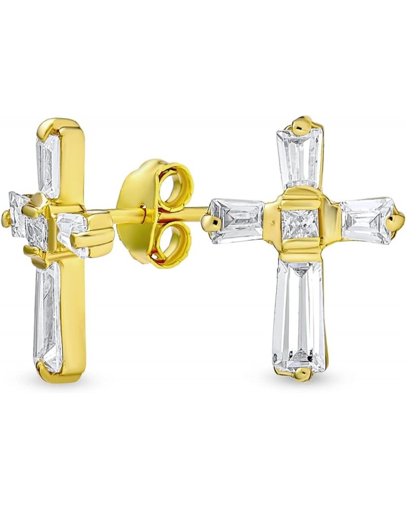 Accent CZ Baguette Small Petite Religious Cross Stud Earrings For Women Men Teens Yellow 14K Gold Plated .925 Sterling Silver...