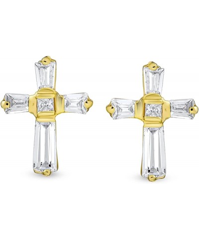 Accent CZ Baguette Small Petite Religious Cross Stud Earrings For Women Men Teens Yellow 14K Gold Plated .925 Sterling Silver...