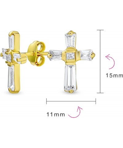 Accent CZ Baguette Small Petite Religious Cross Stud Earrings For Women Men Teens Yellow 14K Gold Plated .925 Sterling Silver...