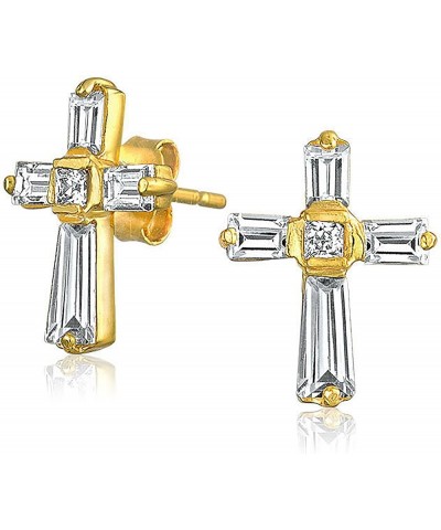 Accent CZ Baguette Small Petite Religious Cross Stud Earrings For Women Men Teens Yellow 14K Gold Plated .925 Sterling Silver...