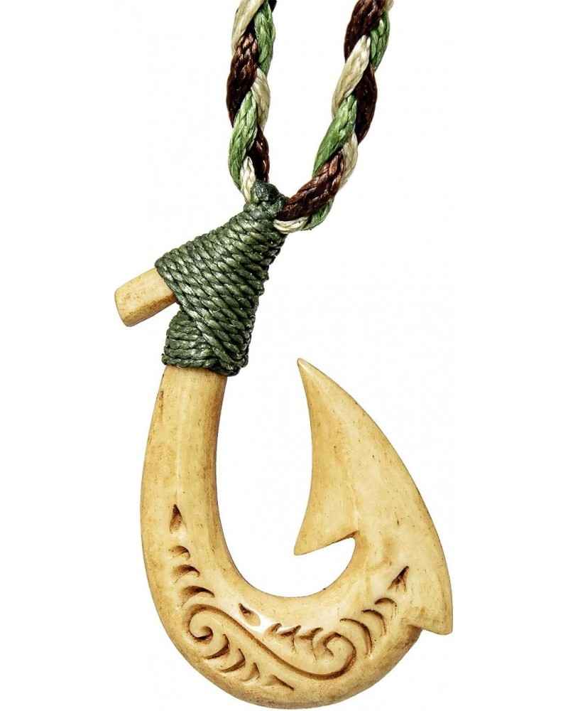 Stylized Maori Hawaiian Aged Bone Fish Hook Necklace with Camo Cord and Scrimshaw - SMALL $21.95 Necklaces