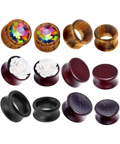 12pcs Nature Wood Ear Tunnels Wooden Gauges Earrings Pugs Body Piercing Zircon Flower Set Earrings Stretching Tapers Expander...