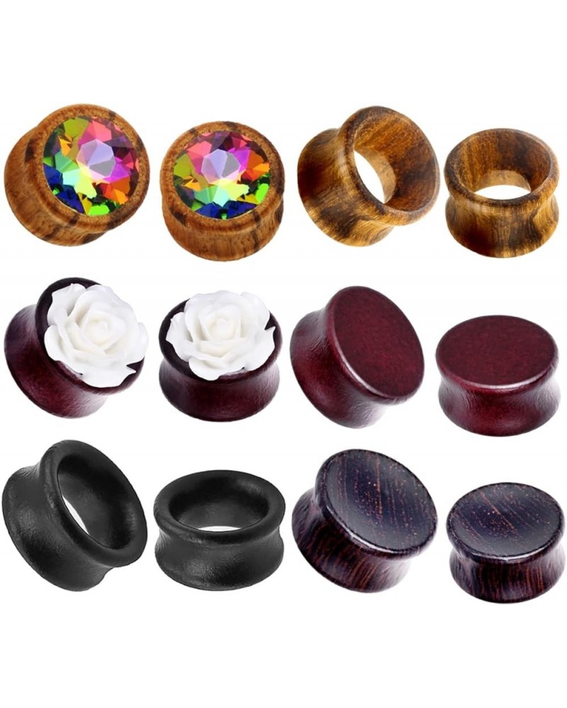 12pcs Nature Wood Ear Tunnels Wooden Gauges Earrings Pugs Body Piercing Zircon Flower Set Earrings Stretching Tapers Expander...