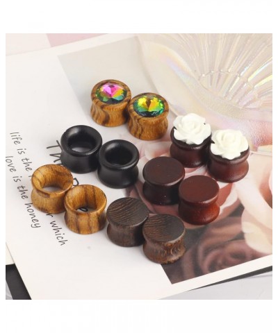 12pcs Nature Wood Ear Tunnels Wooden Gauges Earrings Pugs Body Piercing Zircon Flower Set Earrings Stretching Tapers Expander...