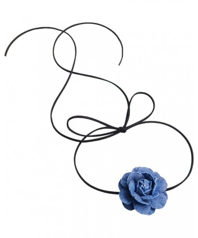 Black Choker Camellia Flower Lace-up Necklace For Women Girls Denim flower $7.55 Necklaces