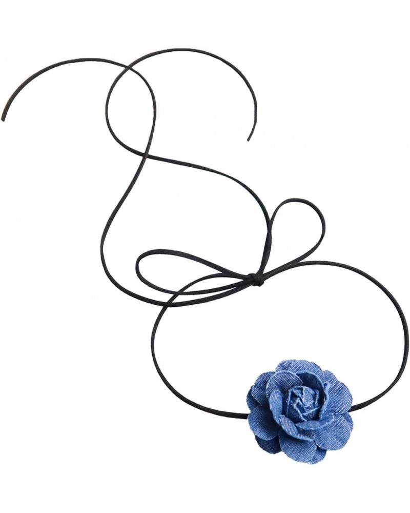 Black Choker Camellia Flower Lace-up Necklace For Women Girls Denim flower $7.55 Necklaces