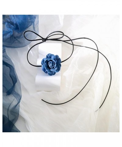 Black Choker Camellia Flower Lace-up Necklace For Women Girls Denim flower $7.55 Necklaces