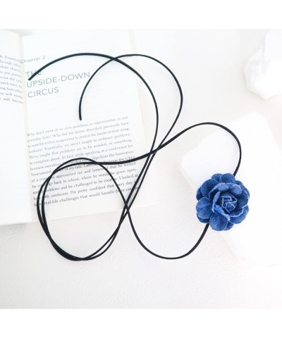 Black Choker Camellia Flower Lace-up Necklace For Women Girls Denim flower $7.55 Necklaces