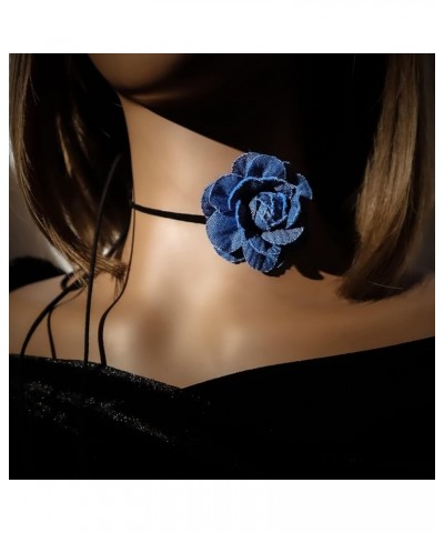 Black Choker Camellia Flower Lace-up Necklace For Women Girls Denim flower $7.55 Necklaces