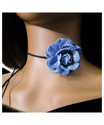 Black Choker Camellia Flower Lace-up Necklace For Women Girls Denim flower $7.55 Necklaces