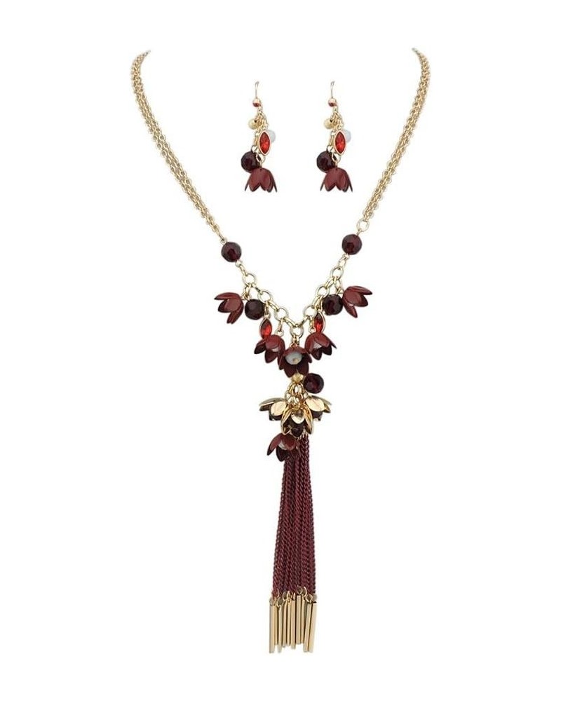 Long 2 Layer Chain Unique Flower Pendant Tassels Necklace Earrings Women Jewelry Set wine $12.23 Jewelry Sets