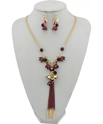 Long 2 Layer Chain Unique Flower Pendant Tassels Necklace Earrings Women Jewelry Set wine $12.23 Jewelry Sets