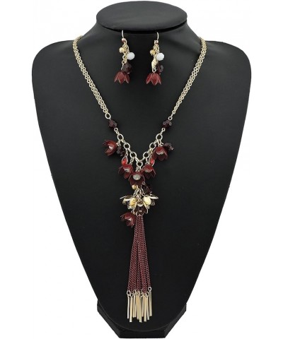 Long 2 Layer Chain Unique Flower Pendant Tassels Necklace Earrings Women Jewelry Set wine $12.23 Jewelry Sets