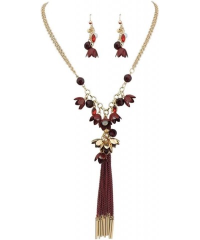 Long 2 Layer Chain Unique Flower Pendant Tassels Necklace Earrings Women Jewelry Set wine $12.23 Jewelry Sets