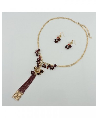 Long 2 Layer Chain Unique Flower Pendant Tassels Necklace Earrings Women Jewelry Set wine $12.23 Jewelry Sets